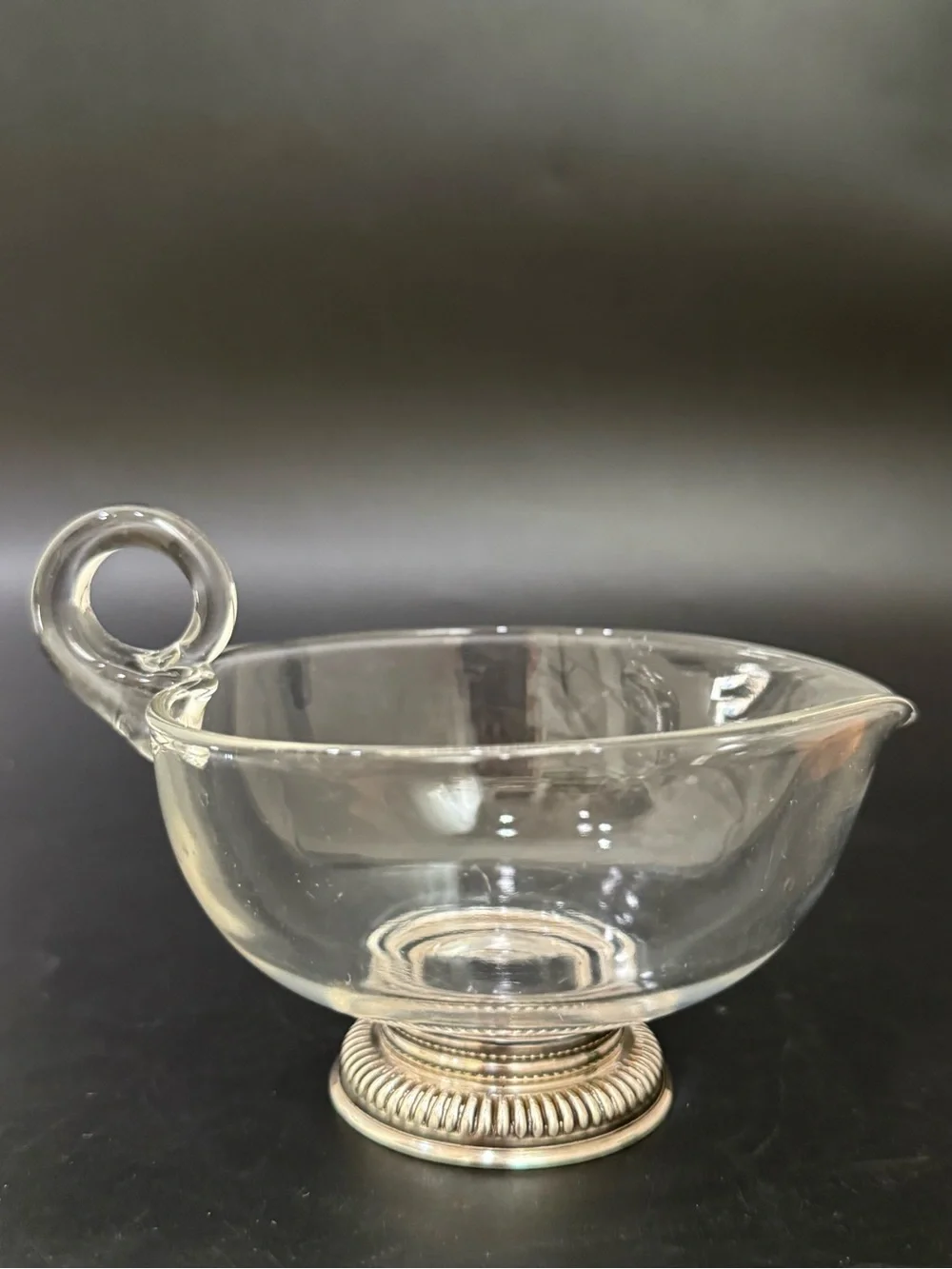 Vintage Ribbed STERLING Silver Base Clear Glass Gravy Boat Sauce Dish